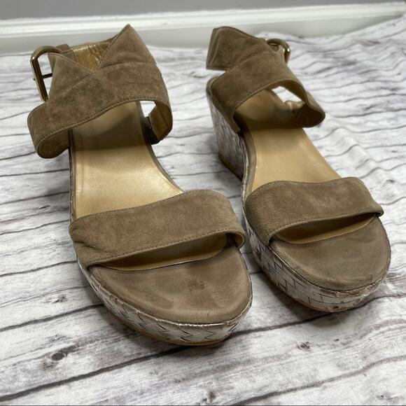 STUART WEITZMAN Wedge Sandals Heels Womens Size 7.5 Woven Suede Summer Vacation - Picture 2 of 6